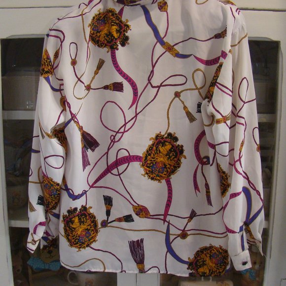 Lucia Collared Button Down Ribbons Purple White Long Sleeve Blouse Size 8 - Picture 6 of 8